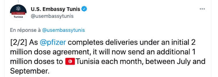 Les laboratoires Pfizer vont livrer 1 million de doses chaque mois à la Tunisie